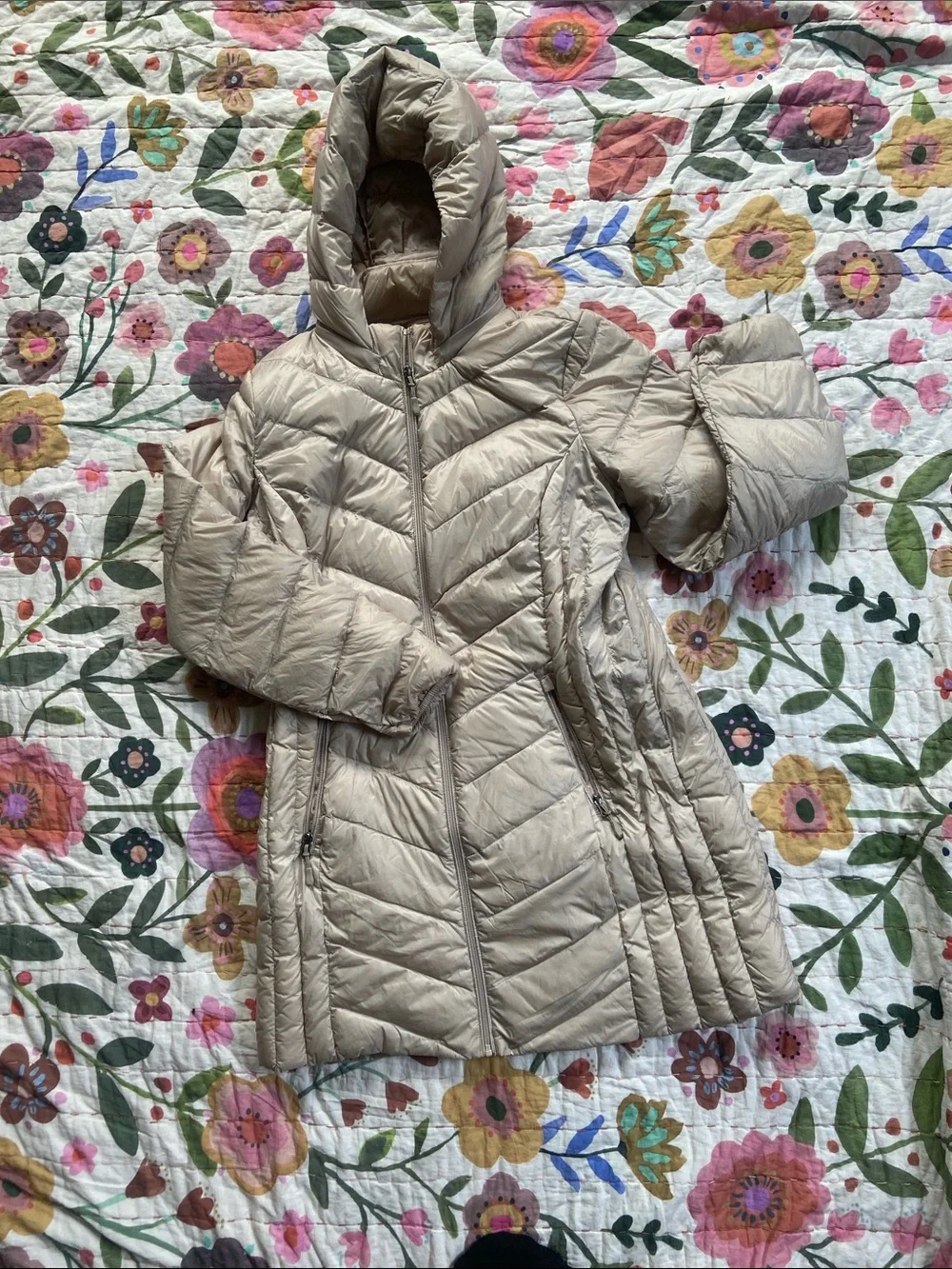 32 Degrees Quilted Puffer Coat with Detachable Hood Champagne Light Beige Large